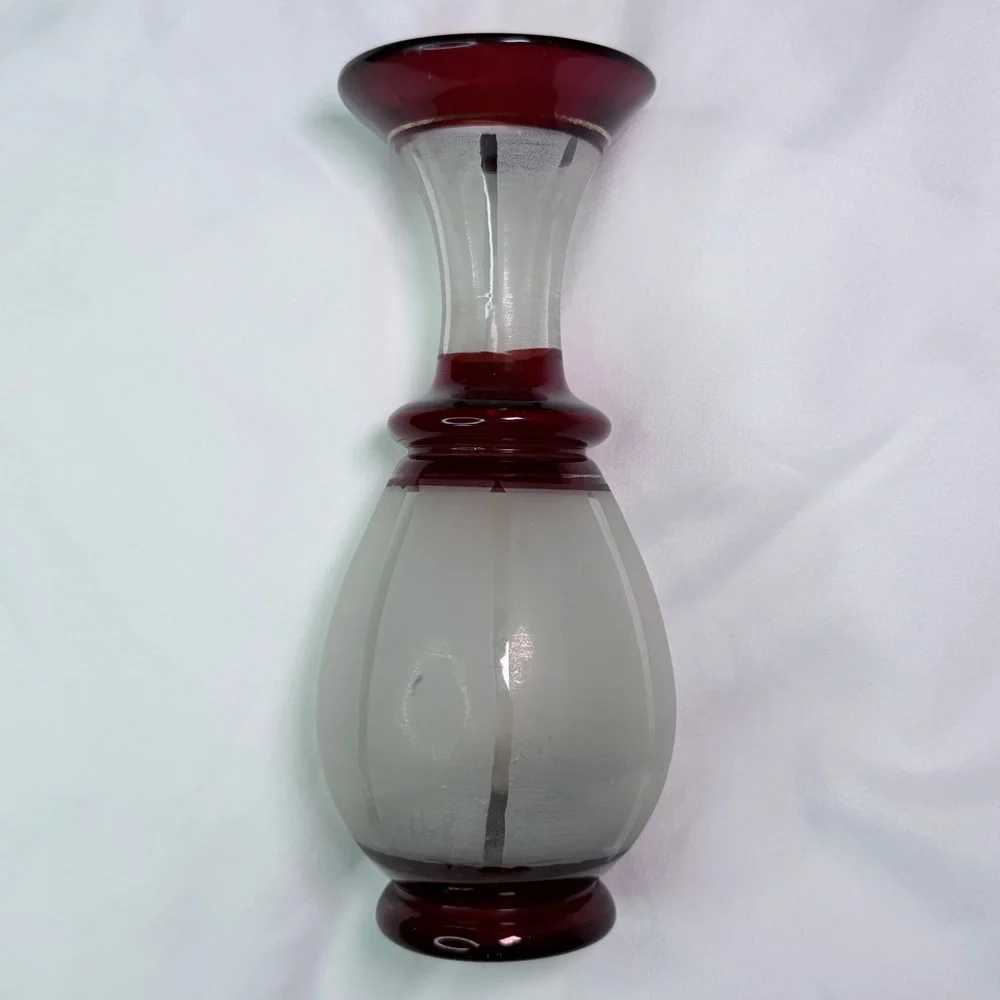 Antique Clear Frosted Glass Red Trim Vase Art Deco Home Decor Garden Collectible